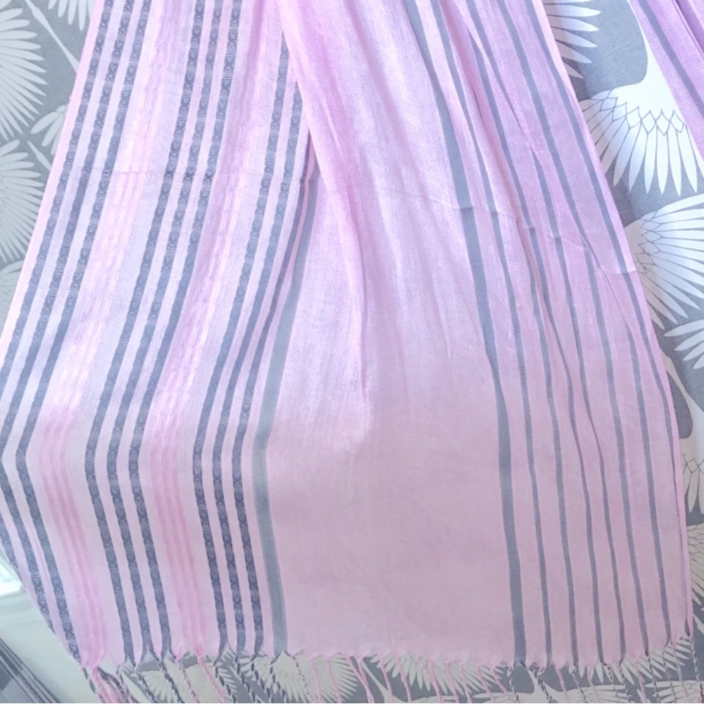 Scarf Shawl in Candy Pink & Gray Stripe Silk (?) Gauze woven, knotted fringe